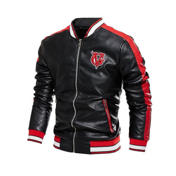 Jaqueta Masculina de Couro Sintético com Gola Alta e Detalhes Bordados