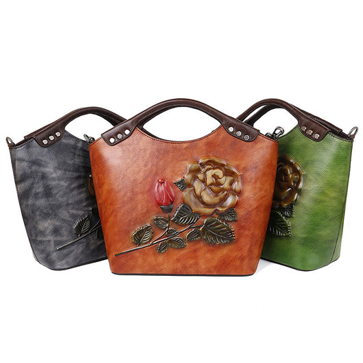 Bolso de Cuero Genuino con Flores Rosas en Relieve Tridimensional - Image 9