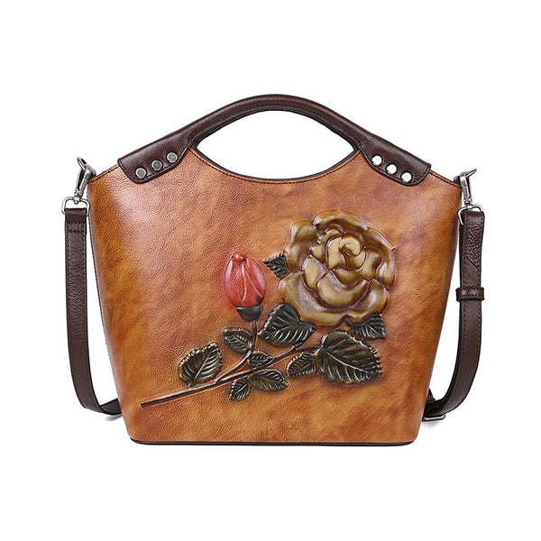 Bolso de Cuero Genuino con Flores Rosas en Relieve Tridimensional