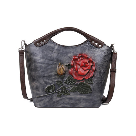 Bolso de Cuero Genuino con Flores Rosas en Relieve Tridimensional - Image 3
