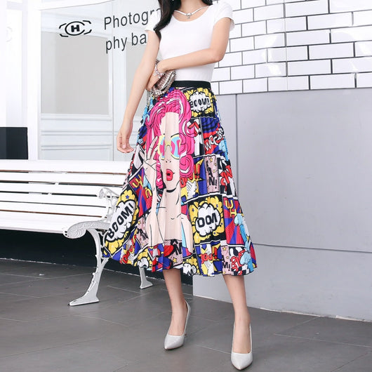 Falda Plisada Cintura Elástica con Estampado Midi