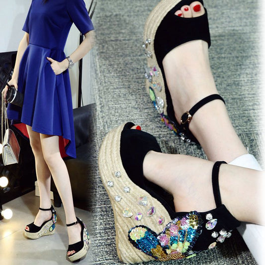 Sandalias Cuña con Strass Punta Abierta - Tacón Alto Elegante para Verano
