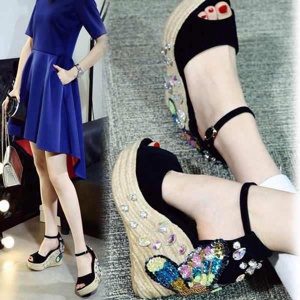 Sandalias Cuña con Strass Punta Abierta - Tacón Alto Elegante para Verano