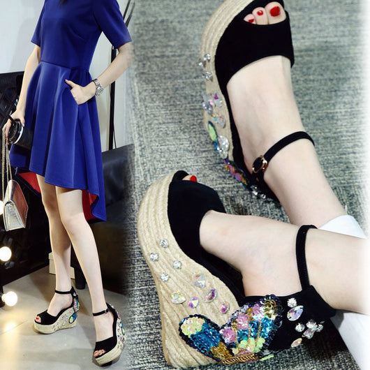 Sandalias Cuña con Strass Punta Abierta - Tacón Alto Elegante para Verano