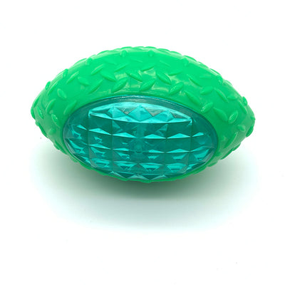 Green rubber pet toy shaped like a rugby ball with a translucent, faceted center for dogs. - Image 11