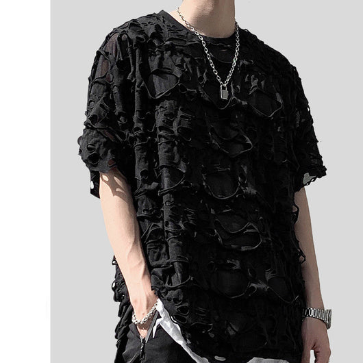 Playera Holgada con Detalles Rasgados - Diseño Perspectiva para Fiesta