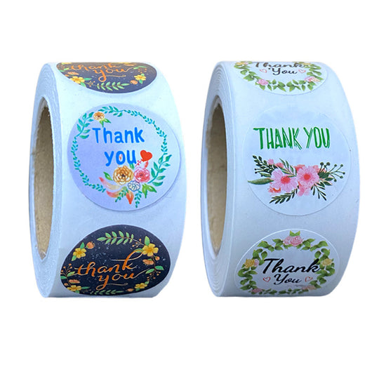 Roll of round 'Thank You' stickers with two floral designs: one dark with yellow flowers, one light blue with mixed flowers. - Image 11