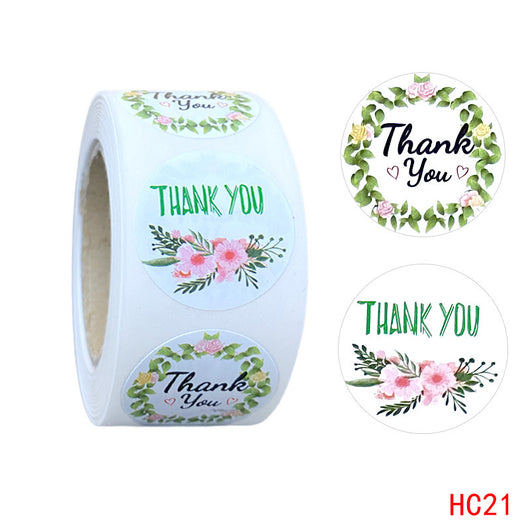Roll of round 'Thank You' stickers with two floral designs: one dark with yellow flowers, one light blue with mixed flowers. - Image 3