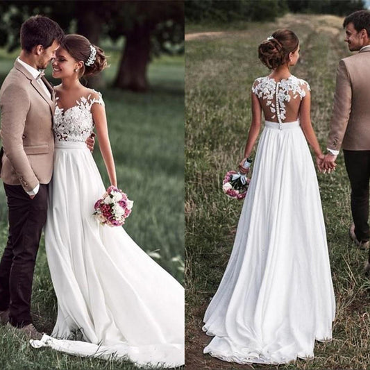 Vestido de Novia Chifón Slim con Encaje Retro en Hombros - Image 2