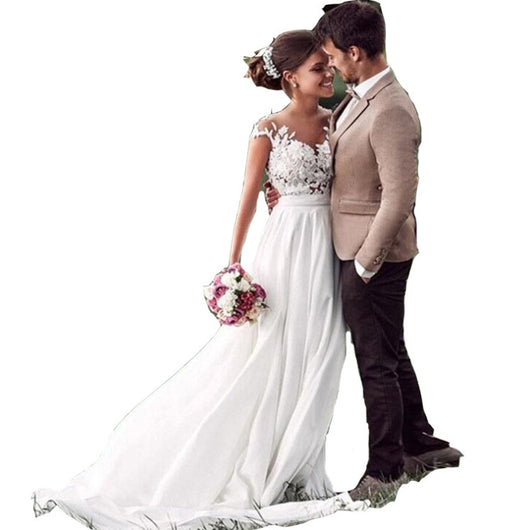Vestido de Novia Chifón Slim con Encaje Retro en Hombros