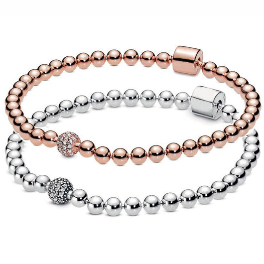 Pulsera de Plata 925 Baño de Oro Rosa con Diamantes y Cadena de Bolitas