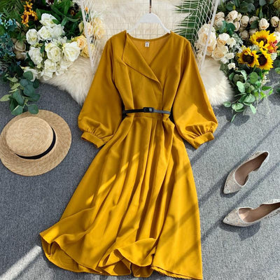 Vestido V-Neck con Mangas Abullonadas y Cintura Ajustada - Image 7