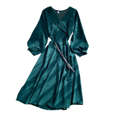 Vestido V-Neck con Mangas Abullonadas y Cintura Ajustada