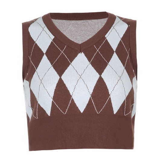 Chaleco Tejido Cuadros Escoceses Escote V Mujer Estilo 90s - Image 11