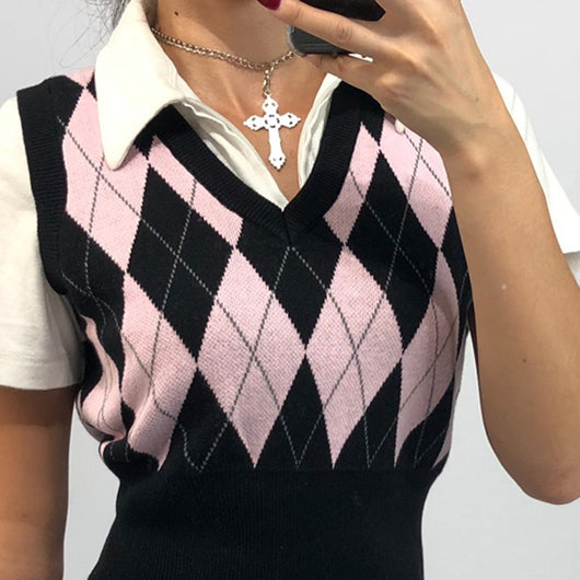 Chaleco Tejido Cuadros Escoceses Escote V Mujer Estilo 90s - Image 10