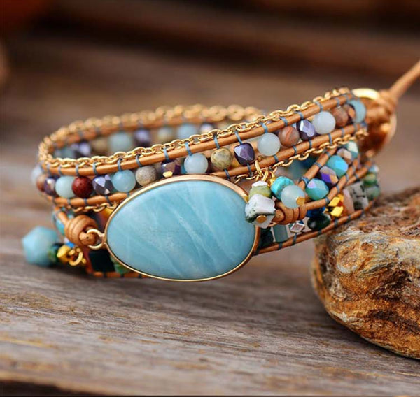 Pulsera de Cuero Tejida a Mano con Piedra Tianhe Natural