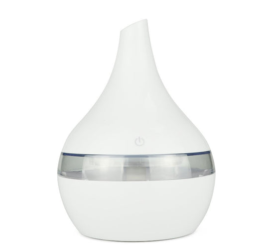 Light wood grain teardrop-shaped mini humidifier and aroma diffuser with a clear water tank and power button. - Image 14
