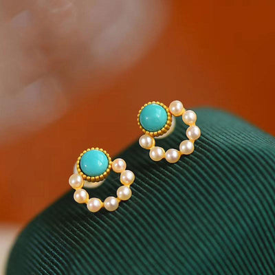 Aretes de Turquesa con Perla - Diseño Circular Elegante - Image 10