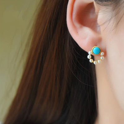 Aretes de Turquesa con Perla - Diseño Circular Elegante - Image 13
