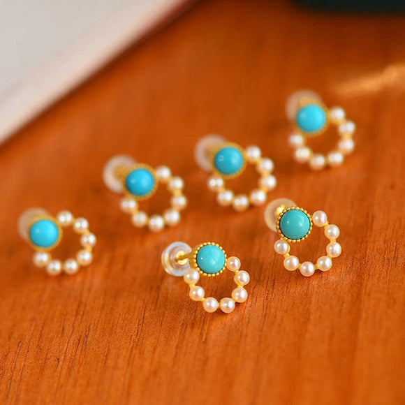 Aretes de Turquesa con Perla - Diseño Circular Elegante