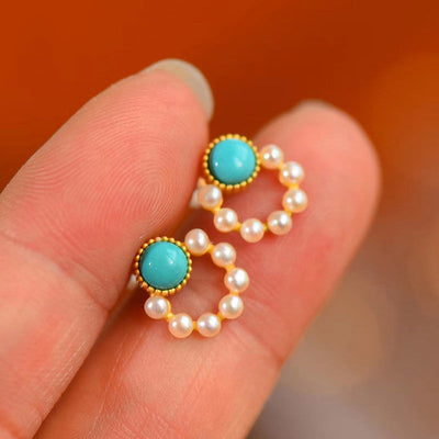 Aretes de Turquesa con Perla - Diseño Circular Elegante - Image 3