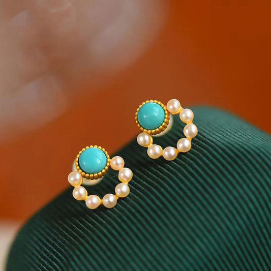 Aretes de Turquesa con Perla - Diseño Circular Elegante
