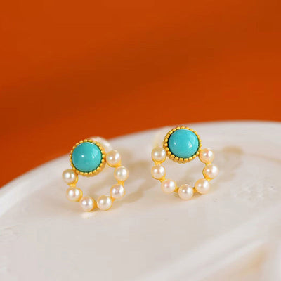 Aretes de Turquesa con Perla - Diseño Circular Elegante - Image 9