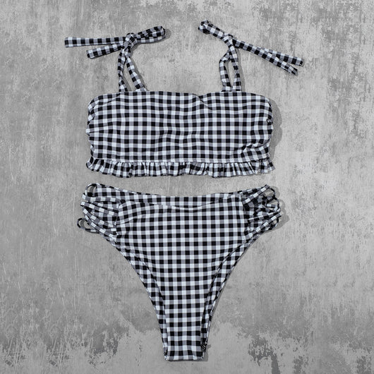 Bikini Cuadriculado de Cintura Alta con Tirantes - Traje de Baño Moderno y Sexy - Image 11