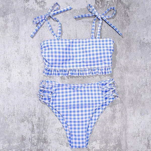 Bikini Cuadriculado de Cintura Alta con Tirantes - Traje de Baño Moderno y Sexy