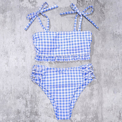 Bikini Cuadriculado de Cintura Alta con Tirantes - Traje de Baño Moderno y Sexy