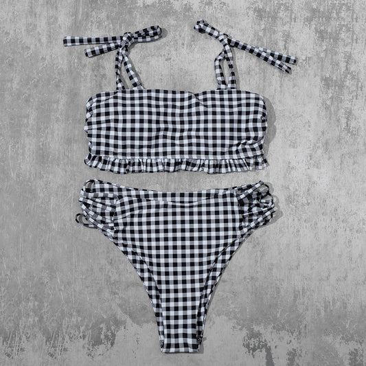 Bikini Cuadriculado de Cintura Alta con Tirantes - Traje de Baño Moderno y Sexy - Image 2