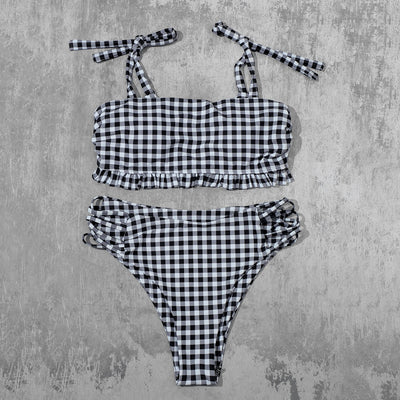 Bikini Cuadriculado de Cintura Alta con Tirantes - Traje de Baño Moderno y Sexy - Image 2