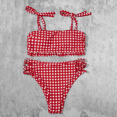 Bikini Cuadriculado de Cintura Alta con Tirantes - Traje de Baño Moderno y Sexy - Image 3