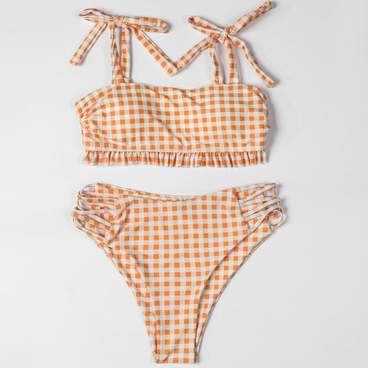 Bikini Cuadriculado de Cintura Alta con Tirantes - Traje de Baño Moderno y Sexy - Image 4