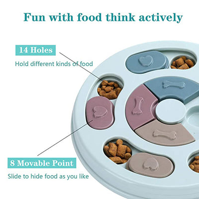 Light blue round dog puzzle feeding bowl with sliding covers in muted colors, filled with kibble. - Image 9