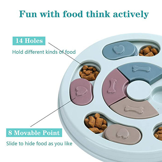 Light blue round dog puzzle feeding bowl with sliding covers in muted colors, filled with kibble. - Image 9