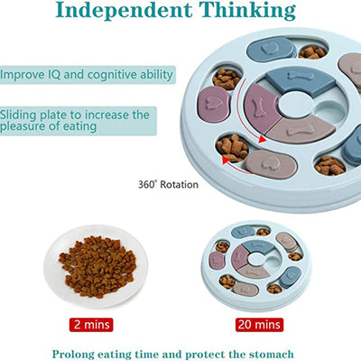 Light blue round dog puzzle feeding bowl with sliding covers in muted colors, filled with kibble. - Image 7