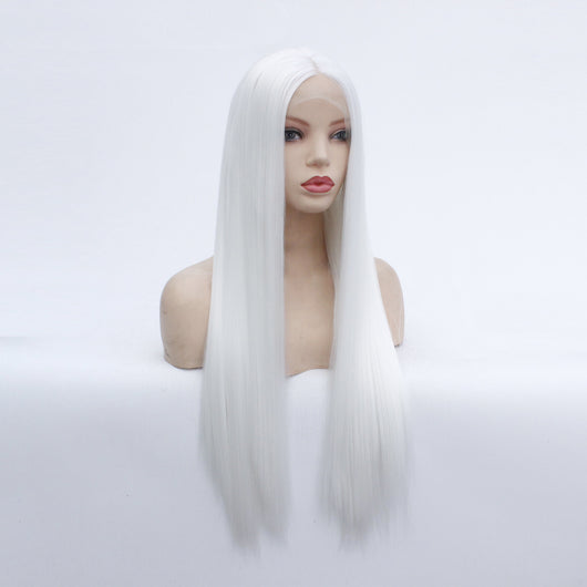 Peluca Larga Lisa Europea Cabello Sintético Blanco Elegante - Image 9