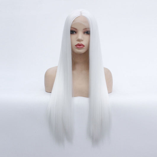 Peluca Larga Lisa Europea Cabello Sintético Blanco Elegante - Image 7