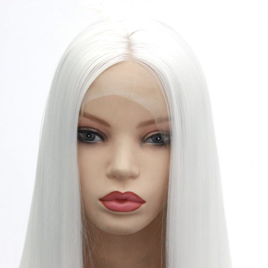 Peluca Larga Lisa Europea Cabello Sintético Blanco Elegante - Image 5