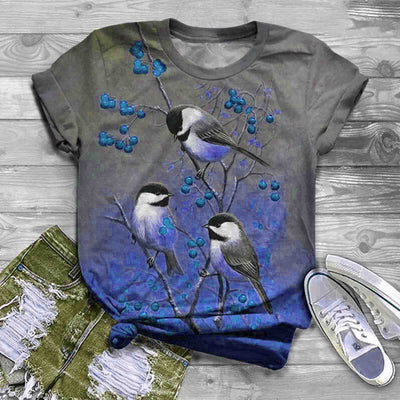 Camiseta Suelta Gris con Estampado de Flores y Pájaros - Image 11