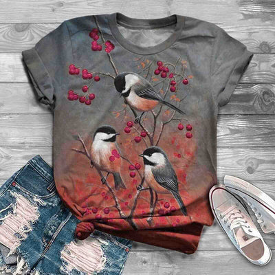 Camiseta Suelta Gris con Estampado de Flores y Pájaros - Image 10