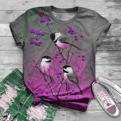 Camiseta Suelta Gris con Estampado de Flores y Pájaros - Image 7