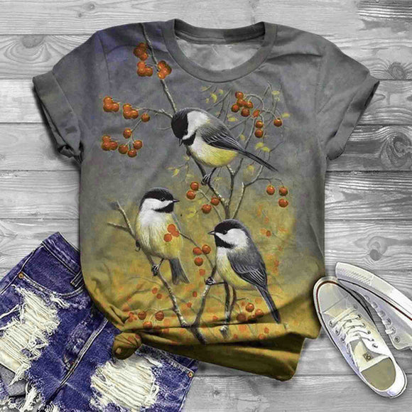 Camiseta Suelta Gris con Estampado de Flores y Pájaros