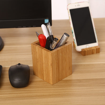Organizador Cuadrado de Bambú para Escritorio - Porta Pinceles, Lápices y Accesorios - Image 10