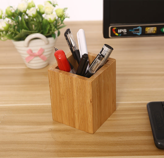 Organizador Cuadrado de Bambú para Escritorio - Porta Pinceles, Lápices y Accesorios - Image 7