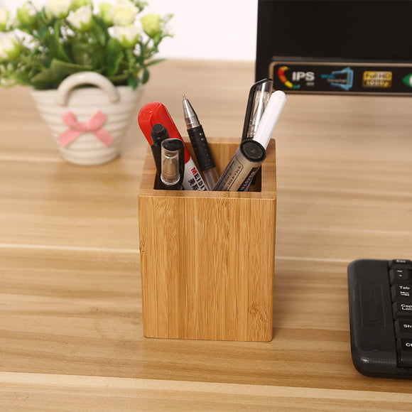Organizador Cuadrado de Bambú para Escritorio - Porta Pinceles, Lápices y Accesorios