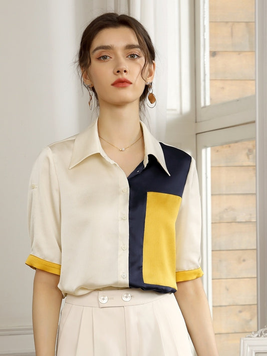 Blusa Ejecutiva para Mujer Manga Corta con Combinación de Colores