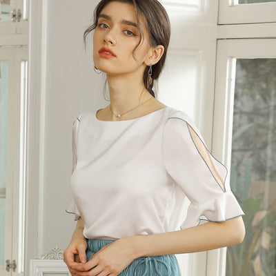 Blusa de Gasa Manga Corta Cuello Redondo - Image 7