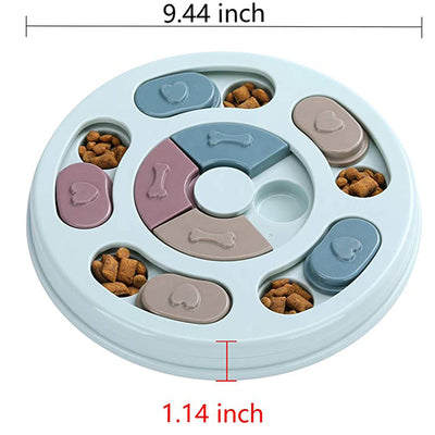 Light blue round dog puzzle feeding bowl with sliding covers in muted colors, filled with kibble. - Image 6